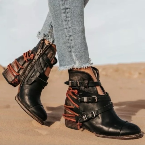 Freebird Crue Black Multi Leather Ankle Boot Rustic Western Size 8 New In Box - Picture 2 of 13